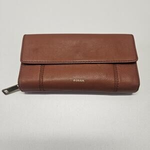 Fossil Wallet Womens Leather Cowhide Trifold Credit Card Holder Clutch Brown